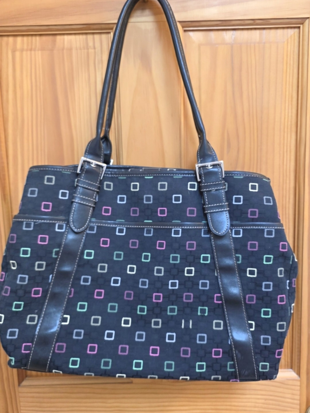 Nine West Black Tote with Teal Pink Purple and White Square Pattern